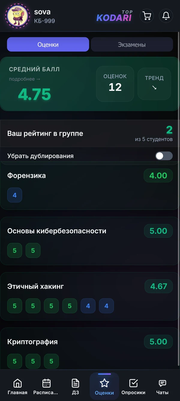 Раздел оценок