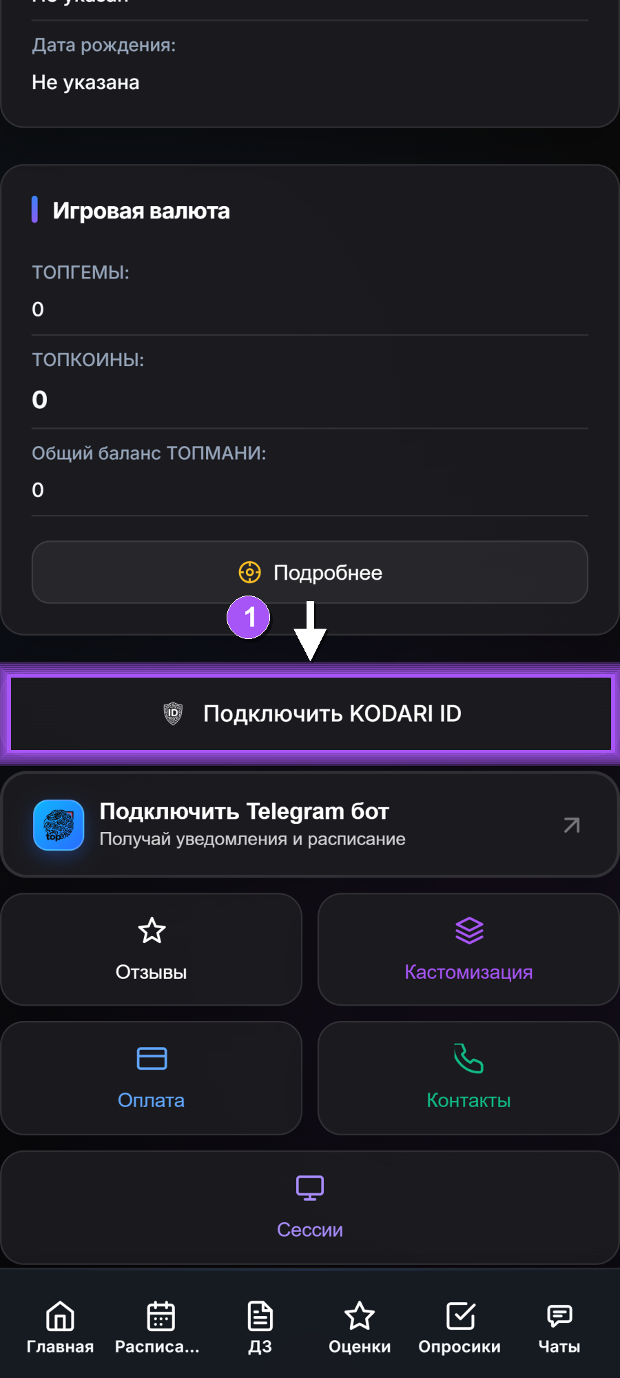 Кнопка Подключить KODARI ID в профиле KODARI TOP